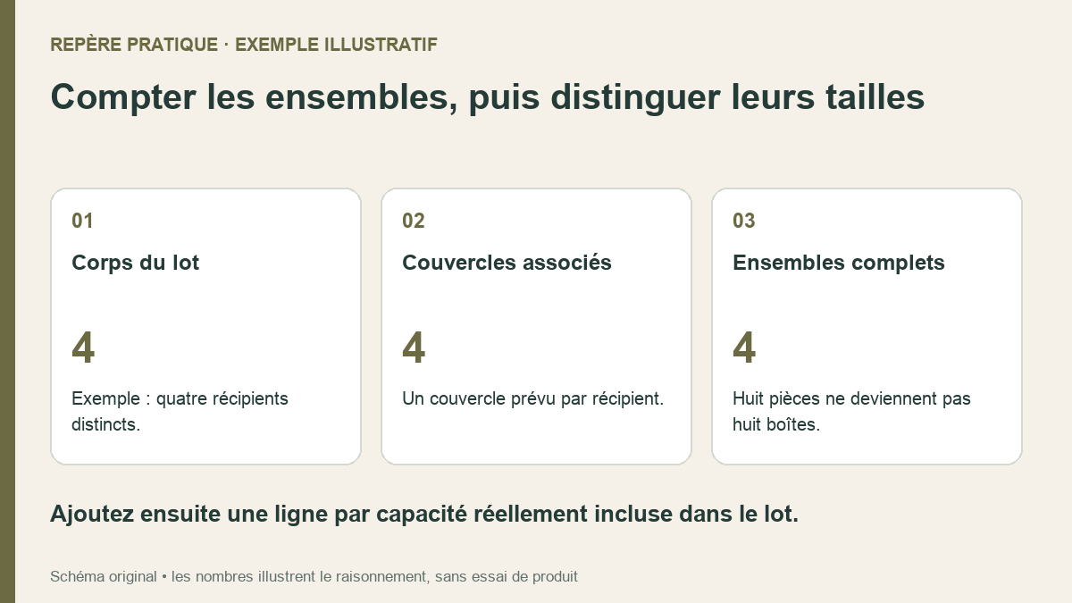 Schéma original de décompte : quatre corps et quatre couvercles représentent quatre ensembles complets ; leurs capacités sont à relever séparément.